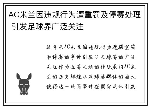 AC米兰因违规行为遭重罚及停赛处理 引发足球界广泛关注
