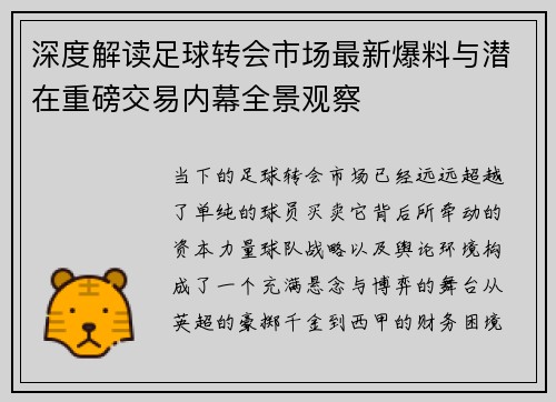 深度解读足球转会市场最新爆料与潜在重磅交易内幕全景观察